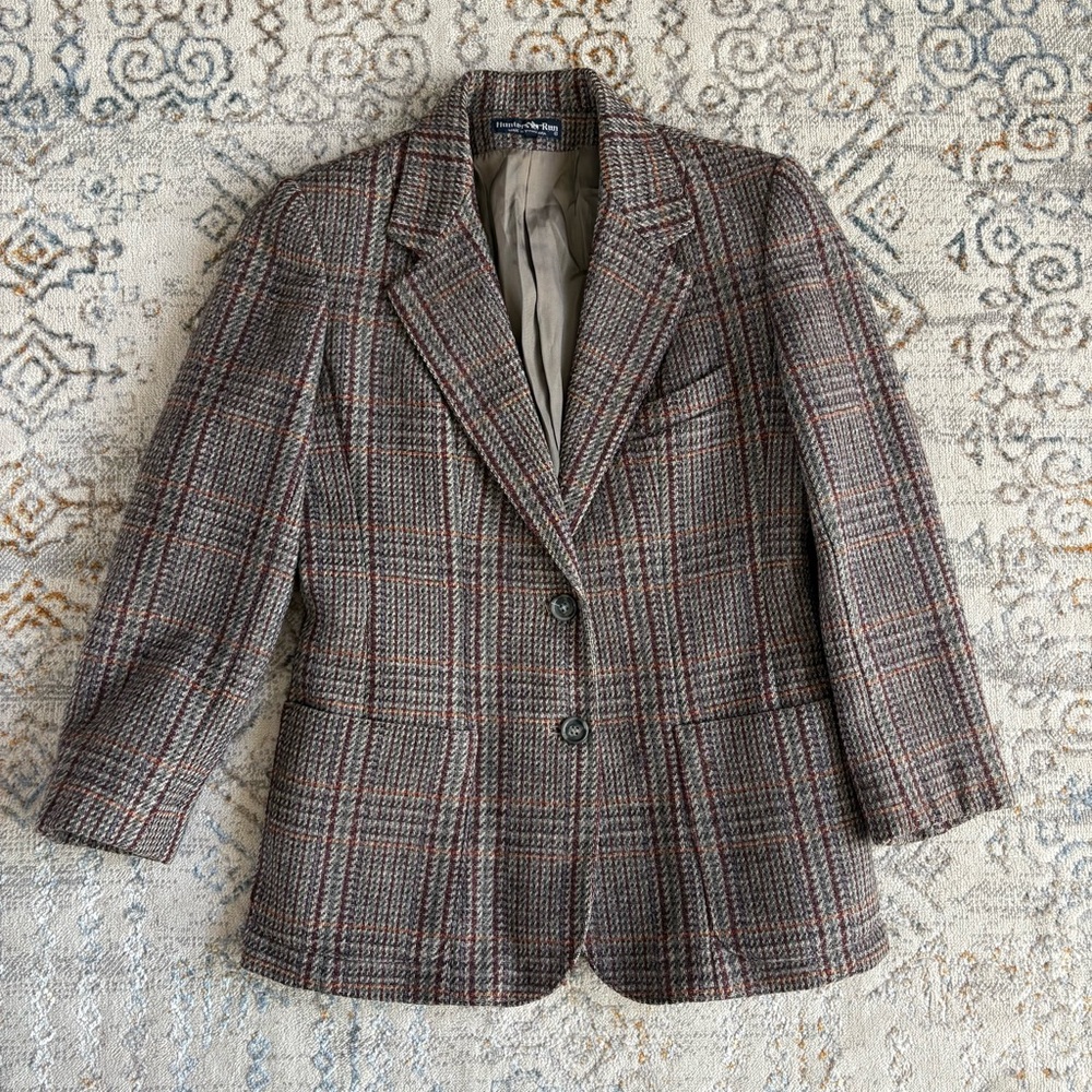 Hunter’s Run Tweed 100% Wool Brown Plaid Women's Blazer Size 9